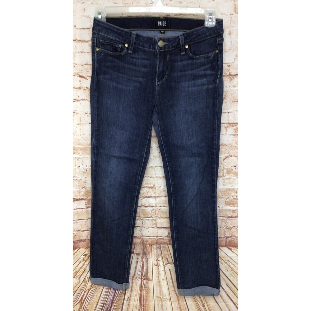 Paige Skyline Crop Jeans Sz 27 Dark Blue Wash Cuffed Skinny Mid Rise Stretch - Picture 4 of 11